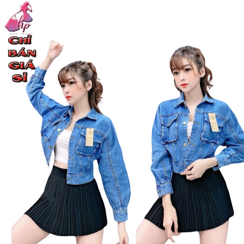 áo khoác jeans nữ lửng cao cấp dáng ngắn tay dài túi hộp phong cách hàn quốc kiểu mới đẹp giá sỉ