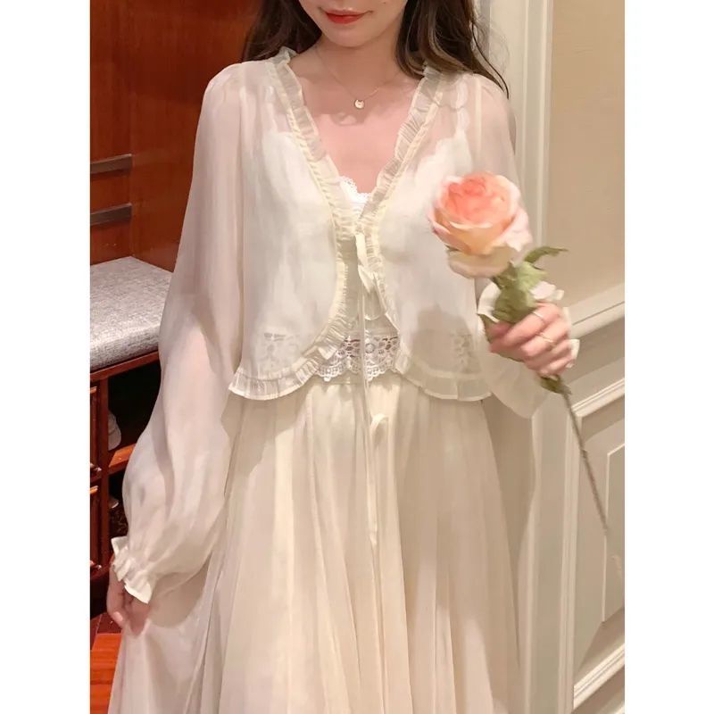 Áo Khoác Cardigan Chiffon Mỏng Chống Nắng Kèm Váy Hai Dây Thời Trang Mùa Hè Cho Nữ