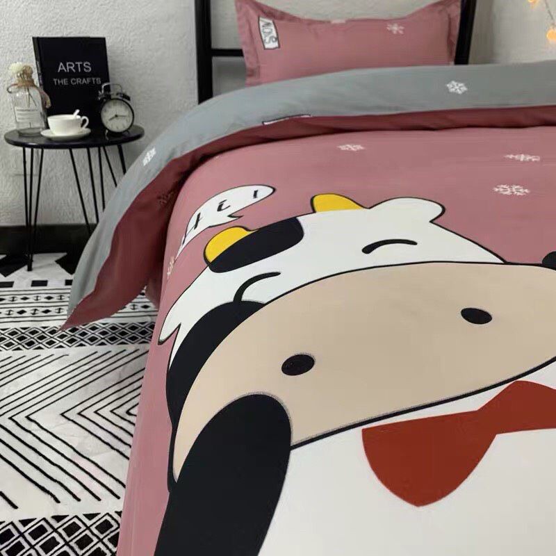 Bộ chăn ga gối cotton poly bò sữa hồng hàng nhập khẩu phong cách hàn quốc cam kết chất lượng