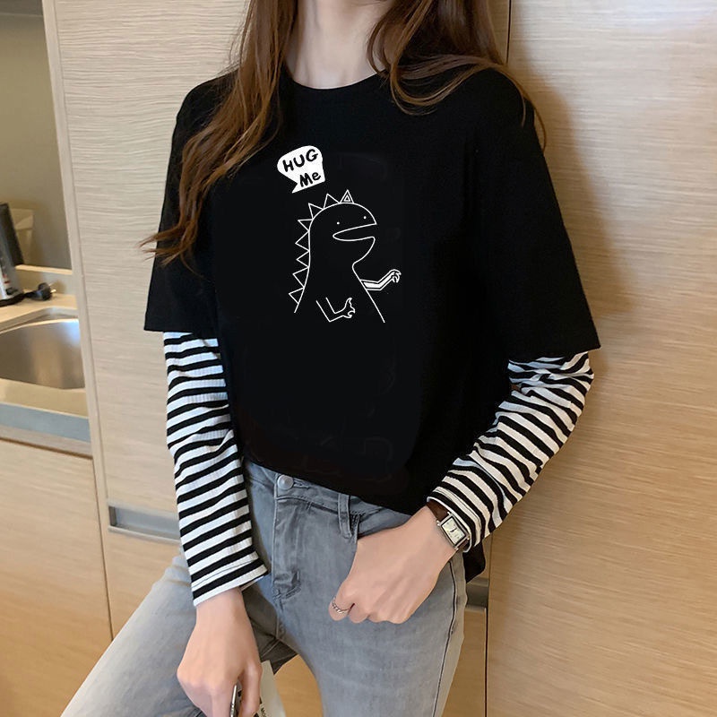 Áo Thun Tay Dài Giả Hai Lớp Dáng Rộng Phong Cách Harajuku Dễ Phối Đồ Thời Trang Mùa Thu Cho Nữ