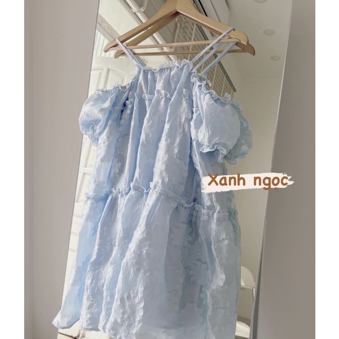Đầm - Váy babydoll 2 dây hoa nổi dáng xoè, Đầm babydoll trễ vai xếp tầng in hoa nổi