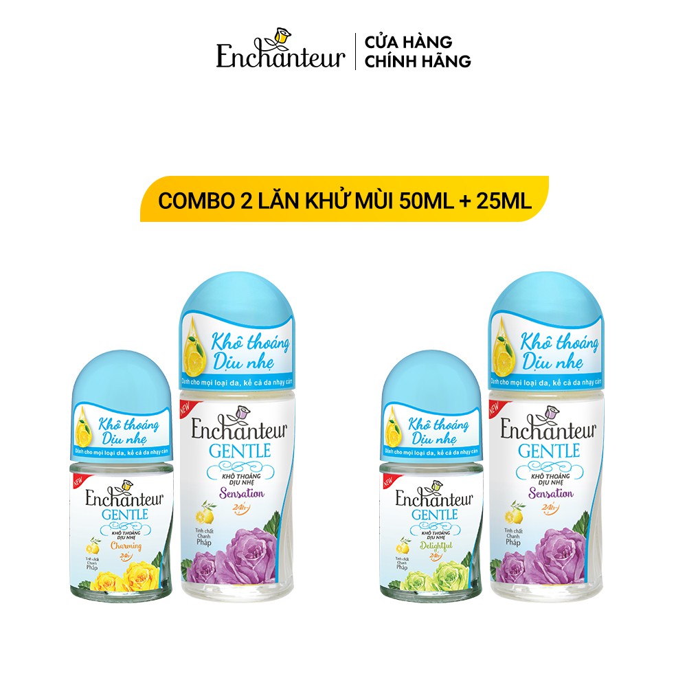 Combo Lăn khử mùi Enchanteur Gentle Sensation 50ml và Gentle Charming/ Delightful 25ml