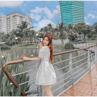 Đầm vintage, váy xoè, váy dự tiệc trắng cổ V đắp chéo (kèm hình thật)