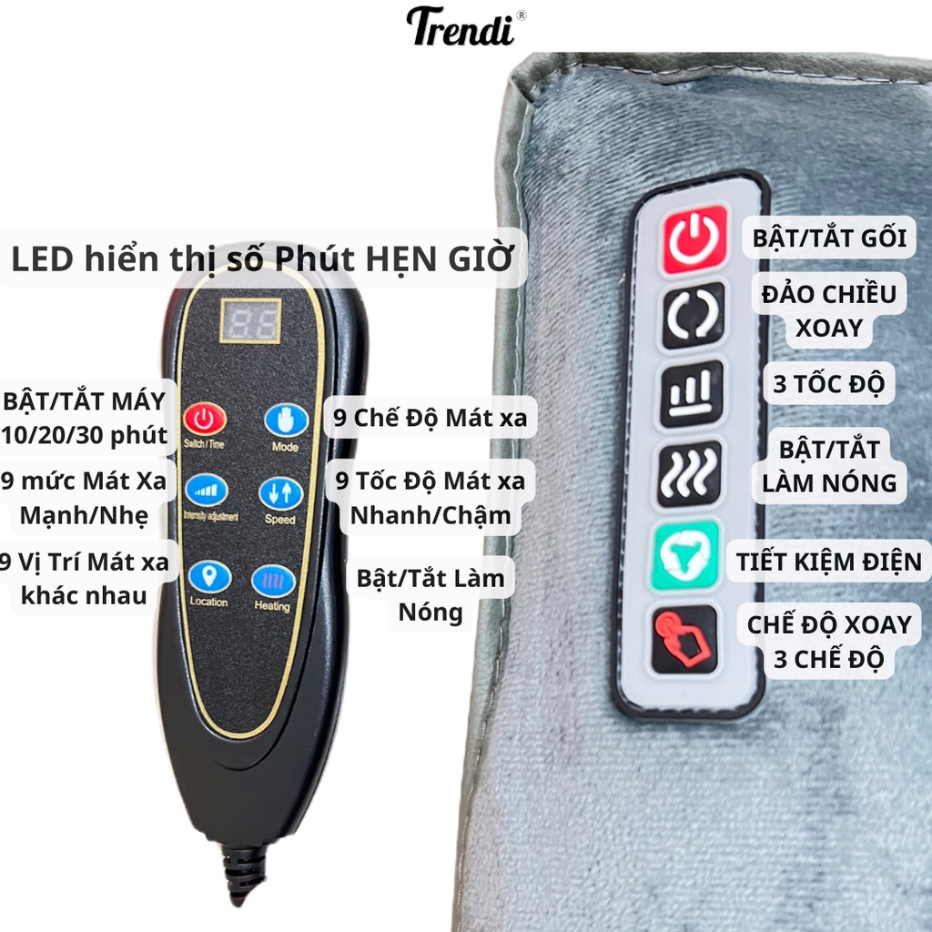 Nệm Mát Xa Toàn Thân TRENDI S10 - Có 10 Điểm Massage Vùng Lưng Kết Hợp Gối 3D Vùng Cổ Vai Gáy - Làm Nóng Hồng Ngoại