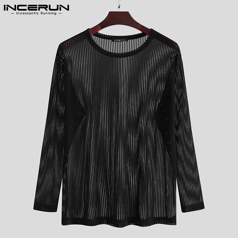 Áo Thun INCERUN Dành Cho Nam Thiết Kế Cổ Tròn Họa Tiết Kẻ Sọc Tay Dài Màu Trắng/ Đen