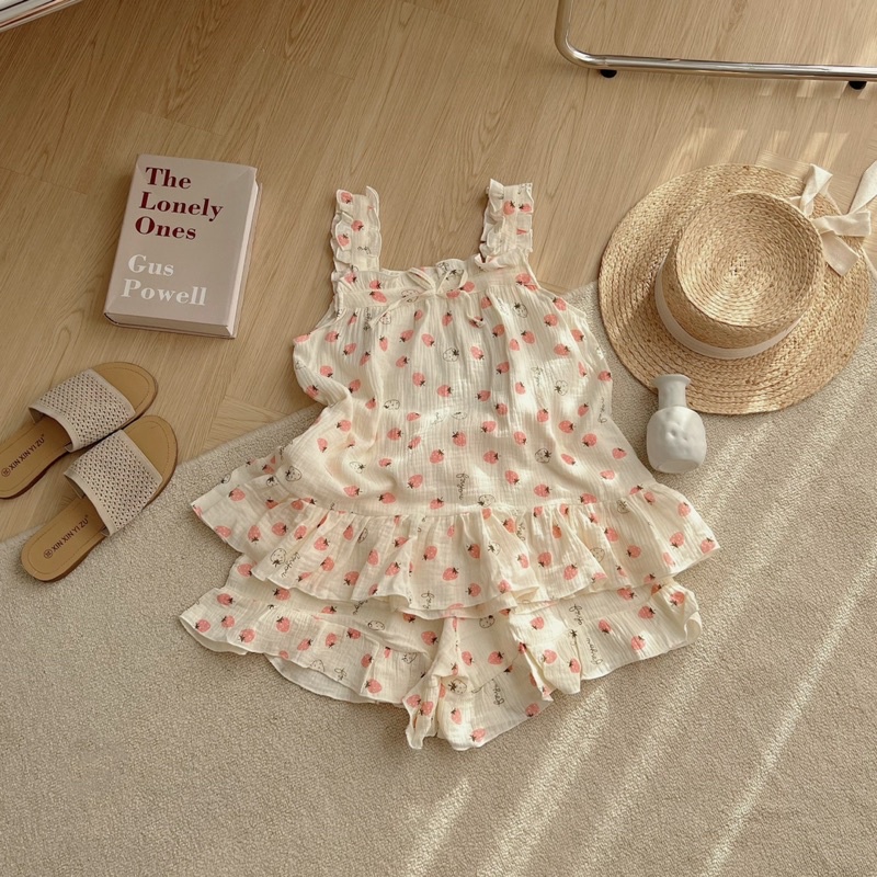 Sét bộ pyjama chất xô đũi 2 dây viền bèo in hoạt hình