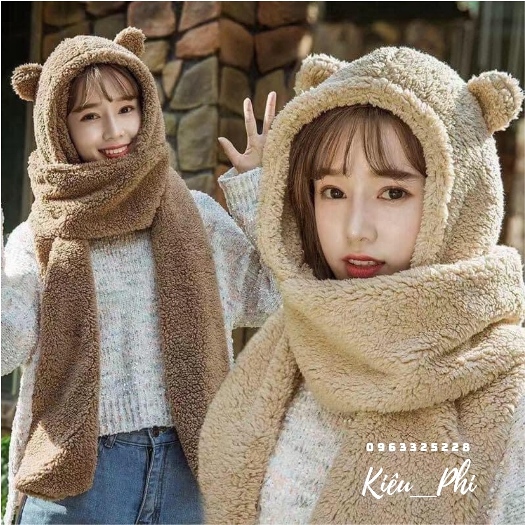 Mũ Lông Cừu, mũ len Tai Gấu trùm đầu Kèm Khăn Choàng Găng Tay Thời Trang Thu Đông Cho Nữ - Kiều Phi