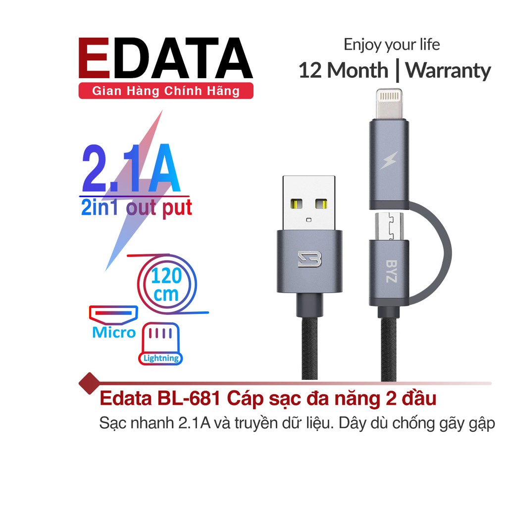 Cáp Sạc Nhanh Đa Năng 3 Đầu Sạc - Bọc Dù Chống Đứt, Chống Gập, Cho Iphone, Samsung... - Bảo Hành Chính Hãng BYZ 1 Đổi 1