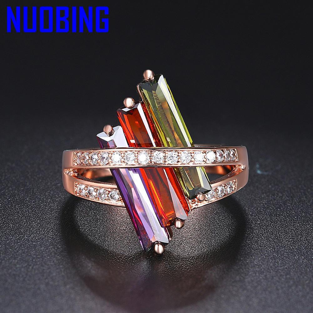 Fashion Unique Multicolor Crystal Zircon Diamonds Gemstones Rings For Women Rose Gold Tone Bague Jewelry Accessory Sizes5 10|Rings|