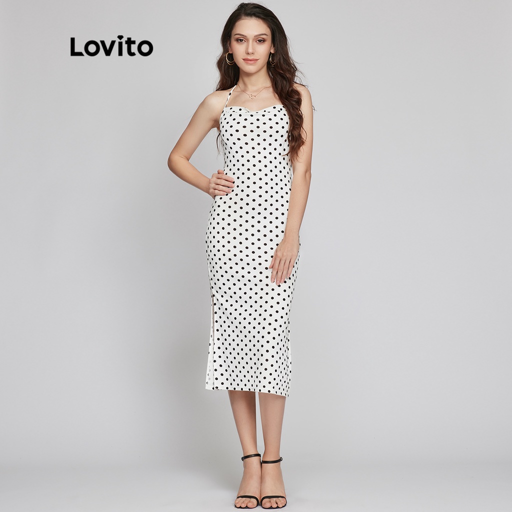 Đầm Lovito phong cách thanh lịch chấm bi cổ xếp nếp hở lưng kiểu đầm dây L26LD068 (màu đen và màu trắng)