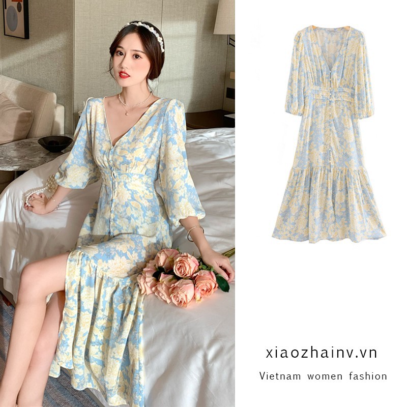 Xiaozhainv Đầm Tay Dài Cổ V Xẻ Tà In Họa Tiết Phong Cách Hàn Quốc Thời Trang Cho Nữ