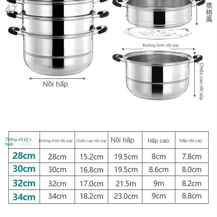 Vtủ hấp inox gia đình ba lớp hai 5 hơn nồi nấu 4 có bếp từ bún 34cm đáy