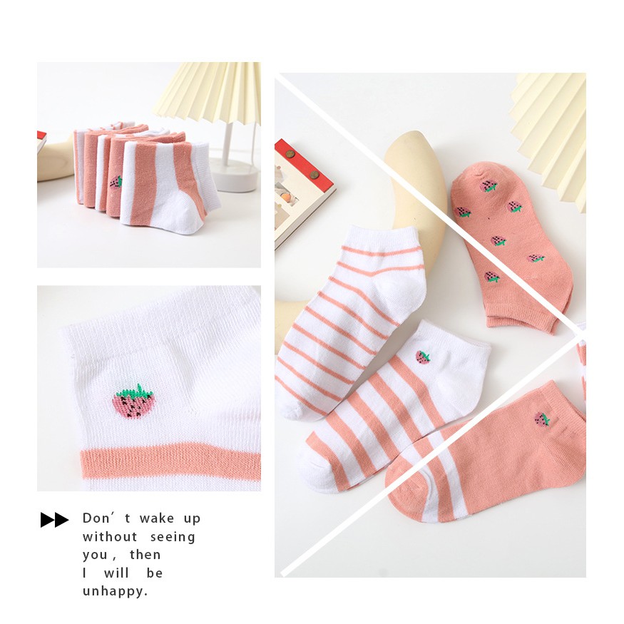 ❤️FREESHIP❤️ Tất - Vớ nữ Dâu tây Hồng Cotton Trơn Ulzzang Cổ Ngắn gân tăm Phong Cách Vintage Hàn Quốc