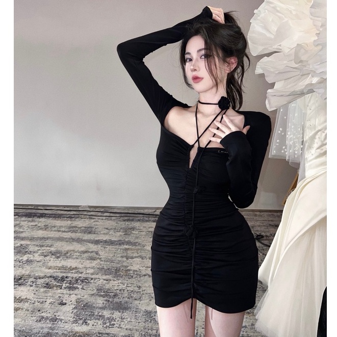 Đầm Đen Dài Tay Bó Hông Cột Dây Gợi Cảm Cho Nữ