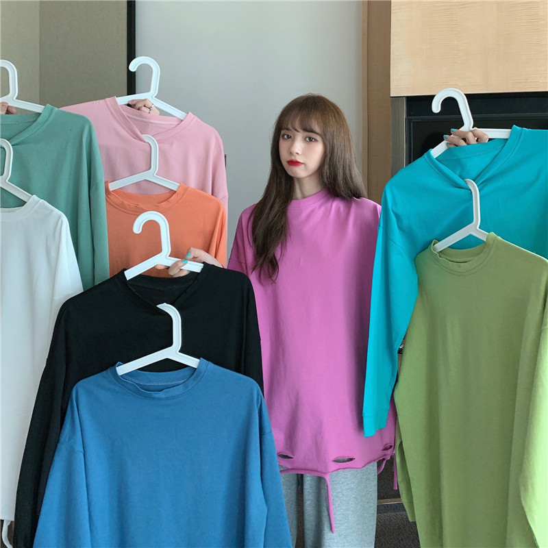 SUXI Áo Thun Tay Dài Màu Trơn Dáng Rộng Phong Cách Hàn Quốc