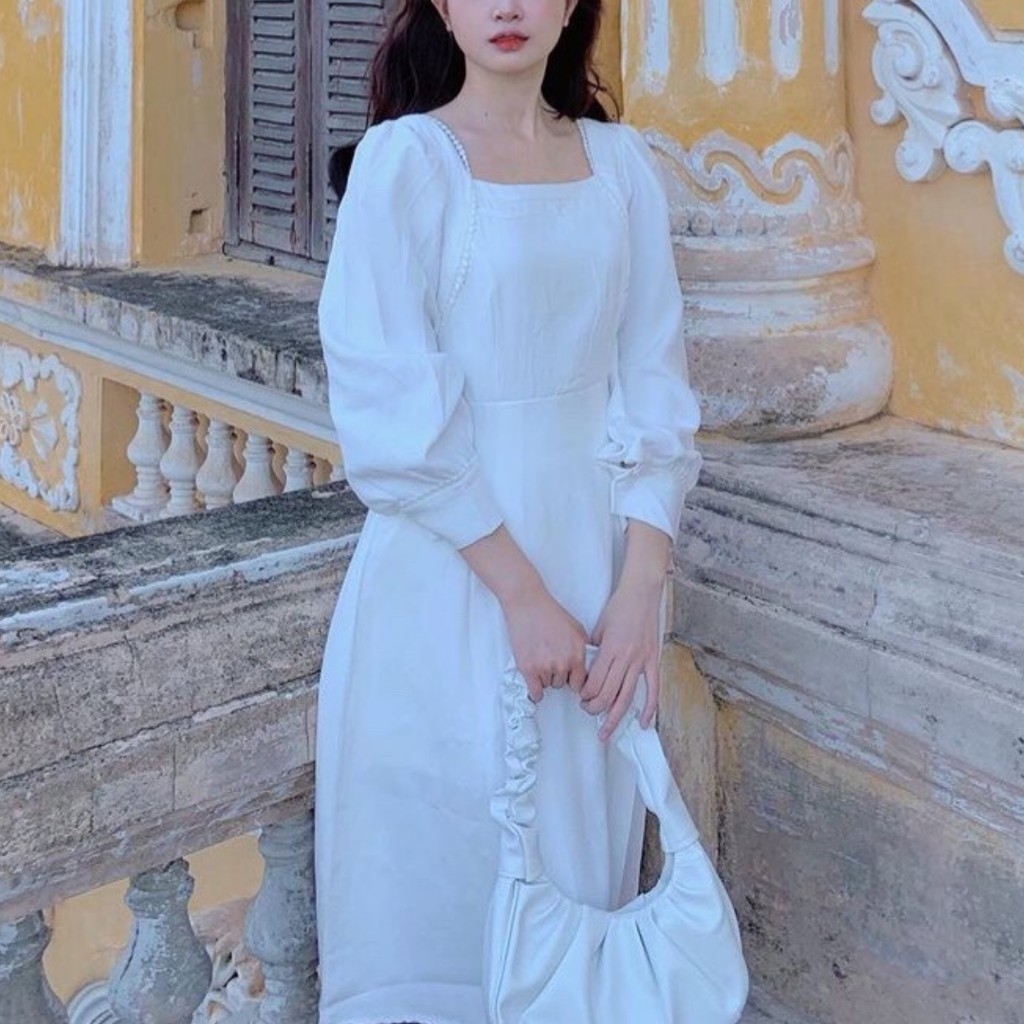 Đầm trắng dài tay cổ vuông ren hạt gạo / Đầm xòe dáng dài cho nữ