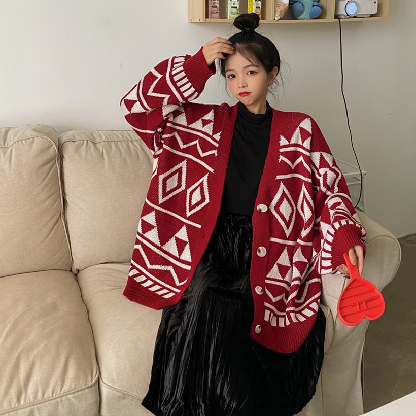 Áo khoác cardigan dệt kim dáng rộng họa tiết hình học phong cách phương Tây thời trang thu đông cho nữ