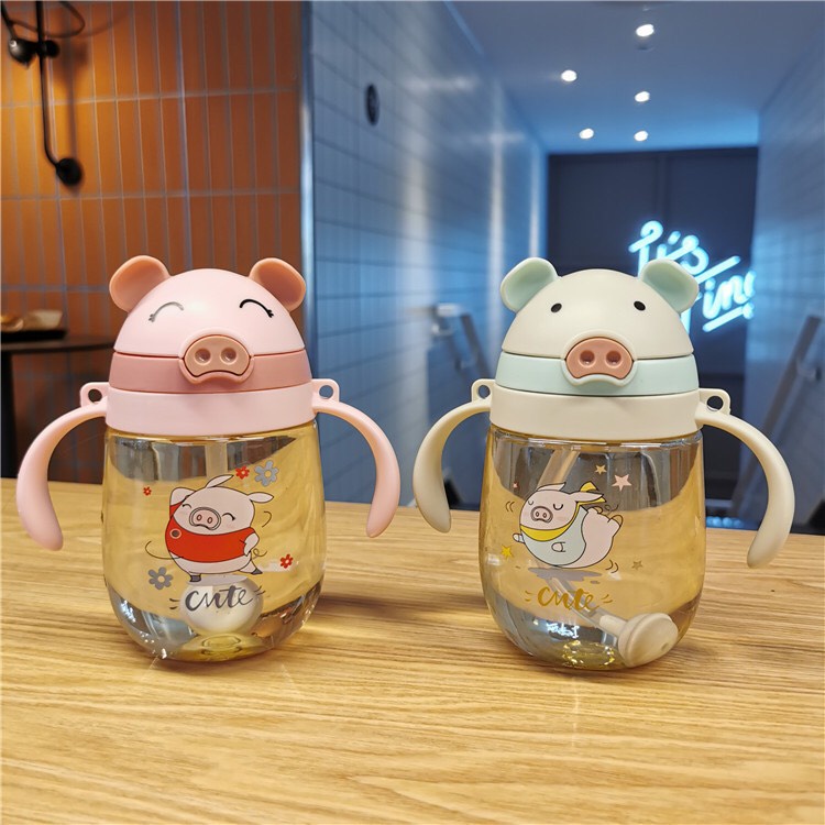 [Tặng dây đeo] Bình Tập Uống Nước Cho Bé 350ml Tiện Dụng hình con heo