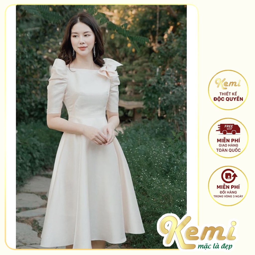 Váy xòe Tafta nơ vai tay bồng lỡ chất kim tuyến cao cấp Kemi