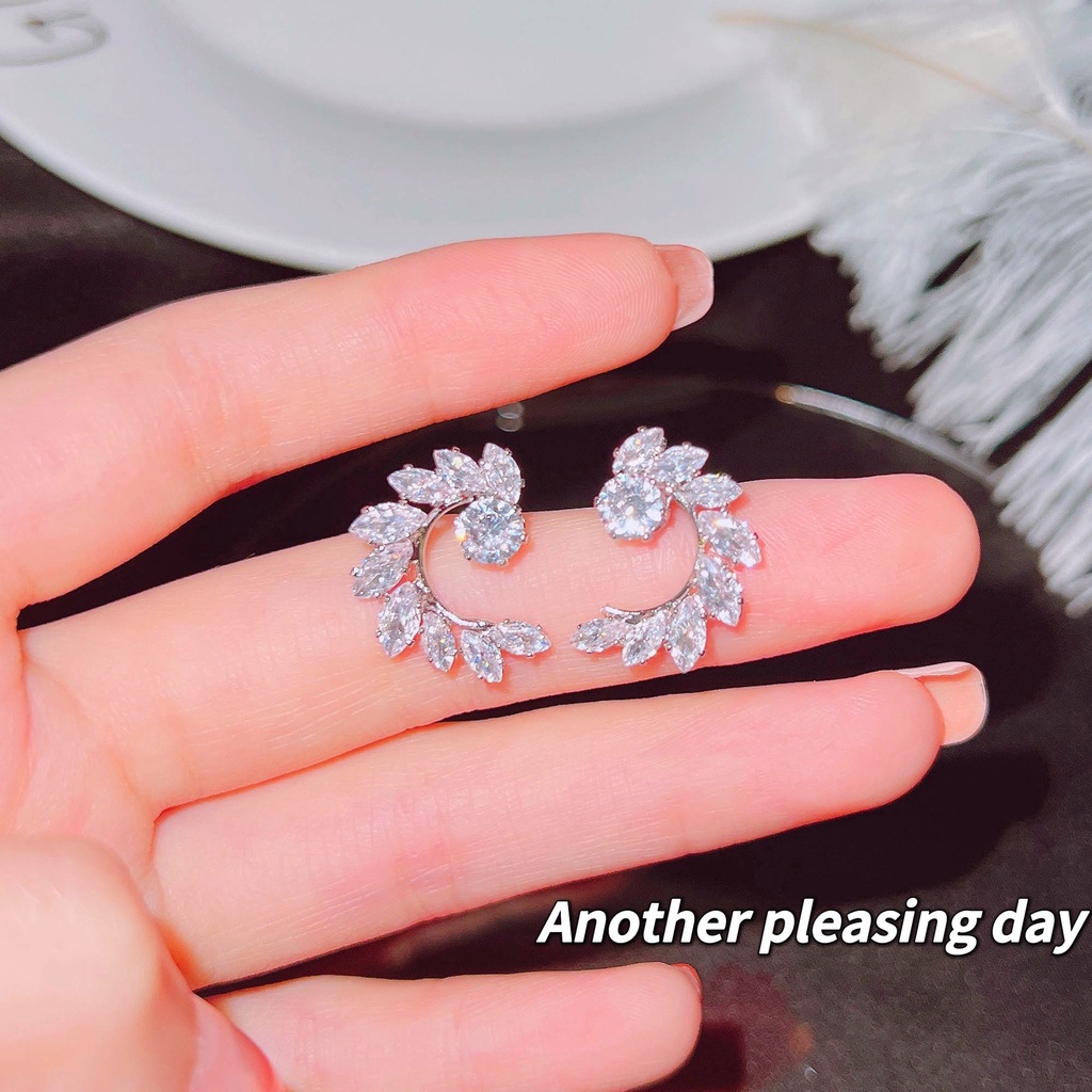 Khuyên Tai Cong Bằng Bạc Sterling Hình Cành Lá Ô Liu Dát Kim Cương Sang Trọng Nhẹ Nhàng Cho Nữ-JHS4-E