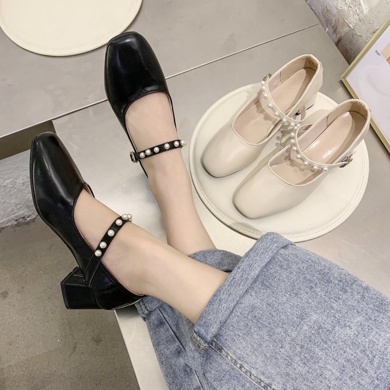 Giày da cao gót đính ngọc nhẹ nhàng nữ tính