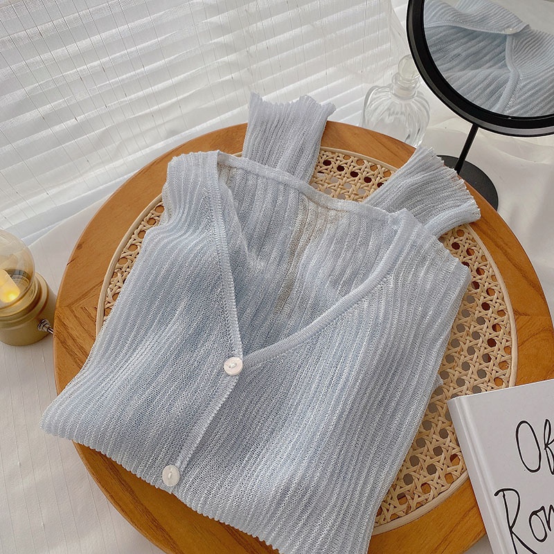 Áo Croptop Dệt Kim Tay Dài Cổ Chữ V Màu Sắc Trơn Phong Cách Hàn Quốc Thời Trang Mùa Hè Dành Cho Nữ
