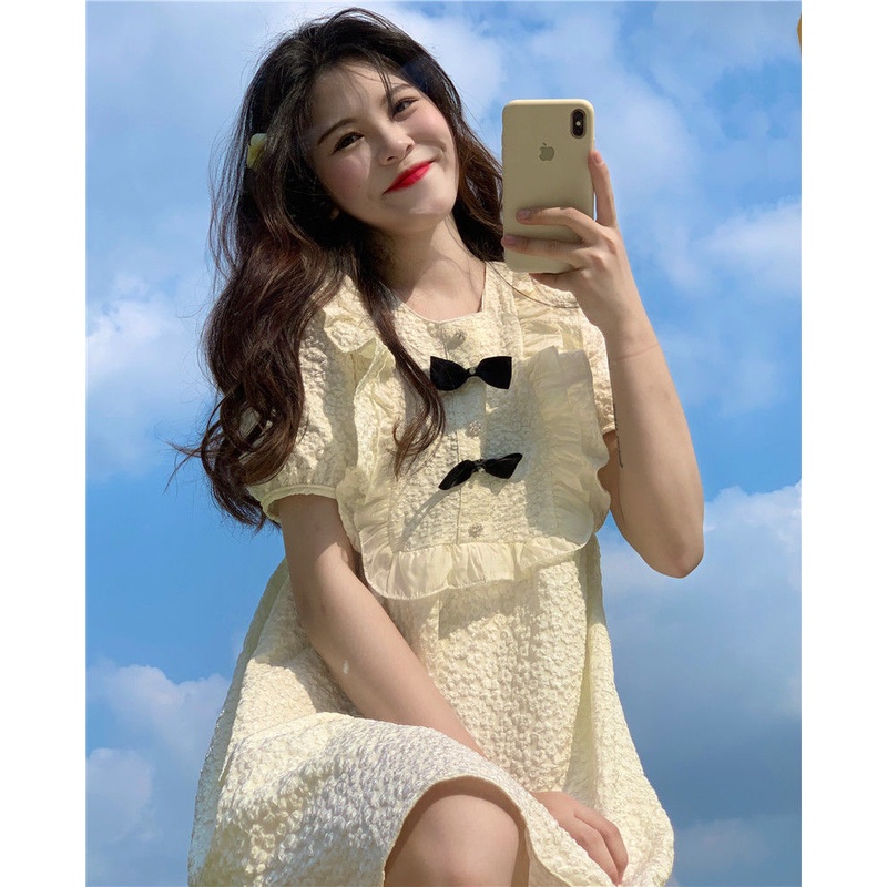 Đầm Cổ Tròn Tay Phồng Dáng Rộng Phối Bèo Lá Sen Cỡ Nhỏ Phong Cách Nhật Bản Ngọt Ngào Thời Trang Mù