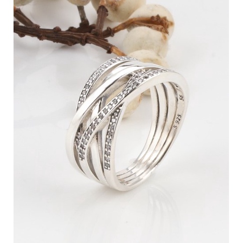 Nhẫn Pandora Timeless Sliver Ring Fullbox 8062 - Nhẫn Bạc Nữ Dải Dây Đan Chéo Đính Đá