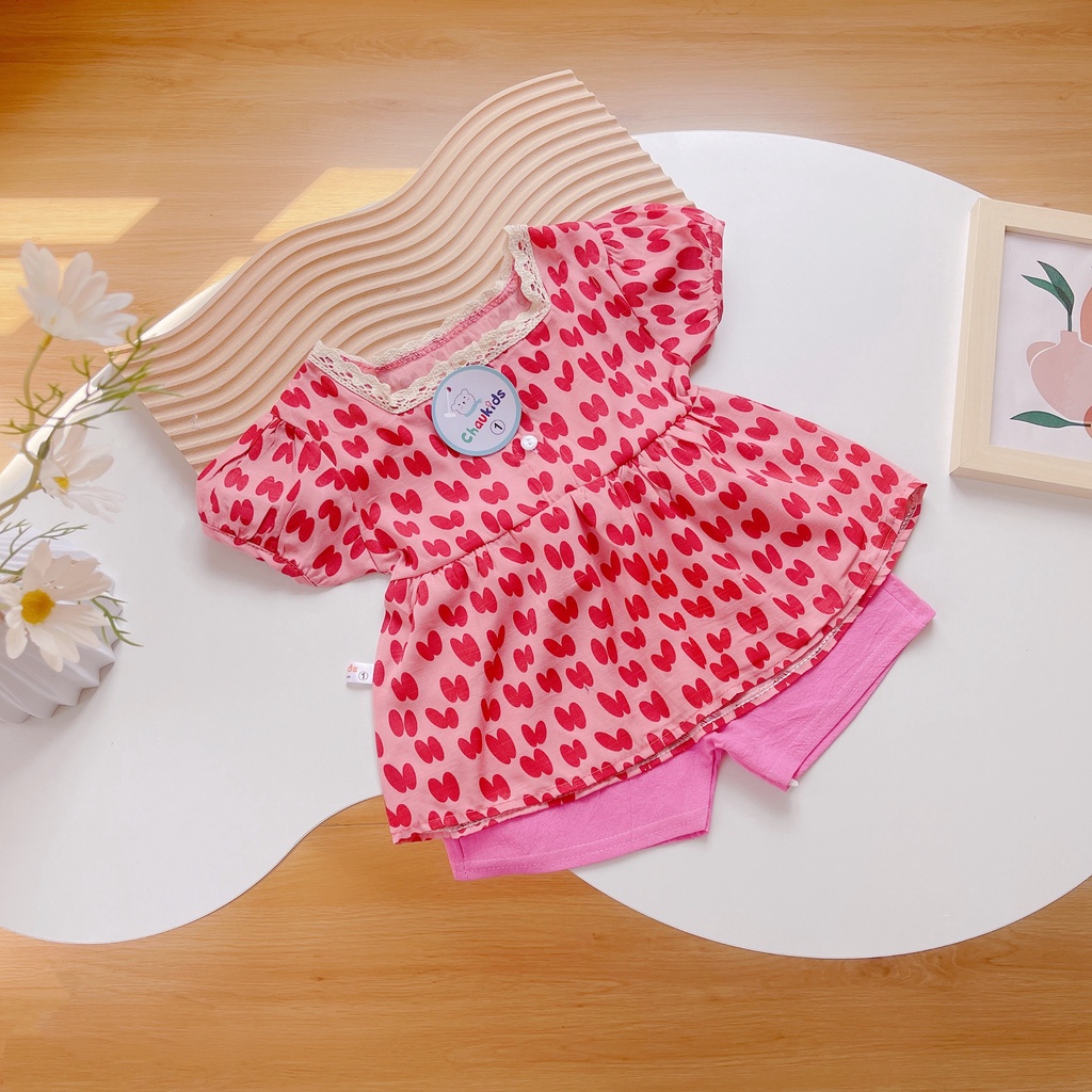 Bộ cộc tay bé gái, bộ quần áo chất thô đũi cổ vuông viền ren dáng babydoll cho bé