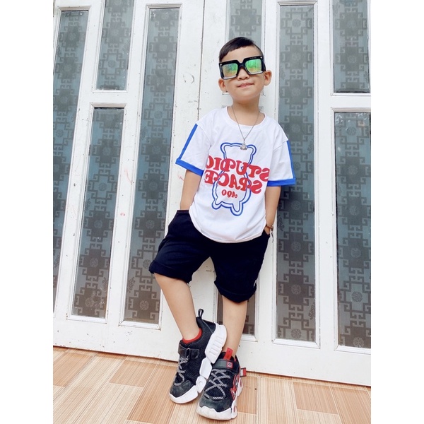 Bộ quần áo bé trai chất liệu thun cotton 100% co giản 4 chiều in hình gấu cho bé từ 10-38kg
