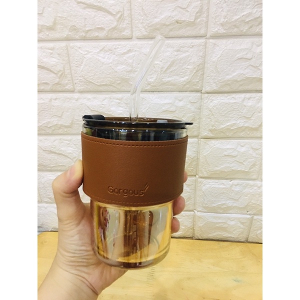 LY THUỶ TINH BỌC DA KÈM ỐNG HÚT 420ML