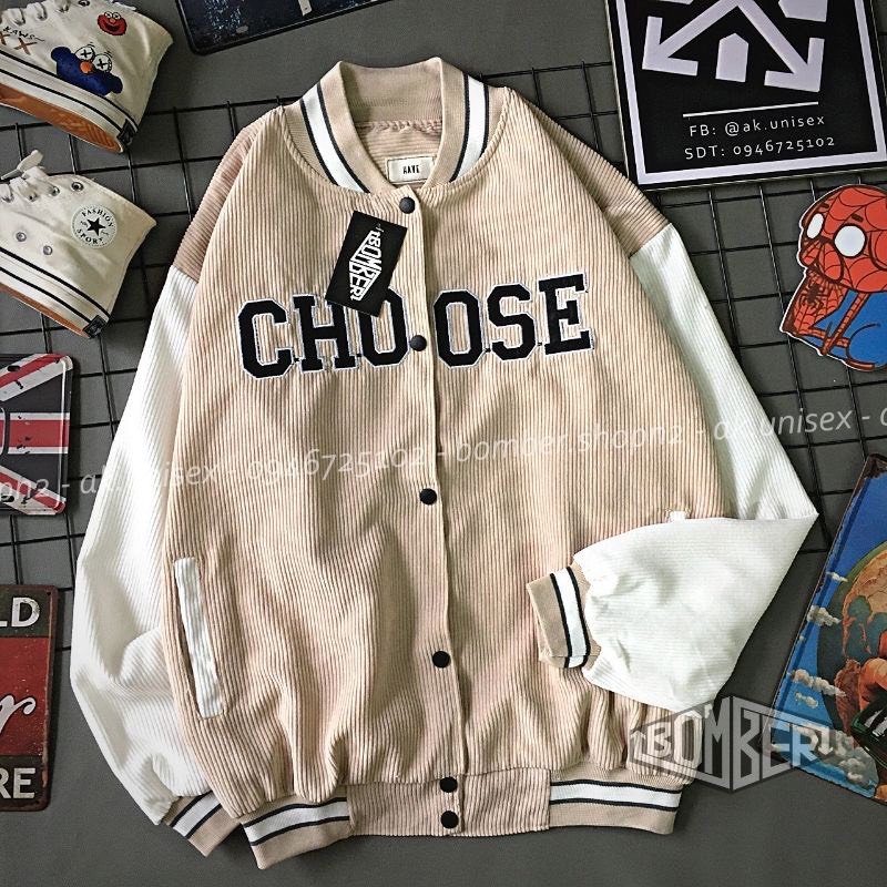 Áo Bomber Thêu chữ CHOOSE chất liệu nhung tăm cực dễ phối đồ, Áo Khoác Unisex Nam Nữ 2 LỚP (SỈ RẺ IB)