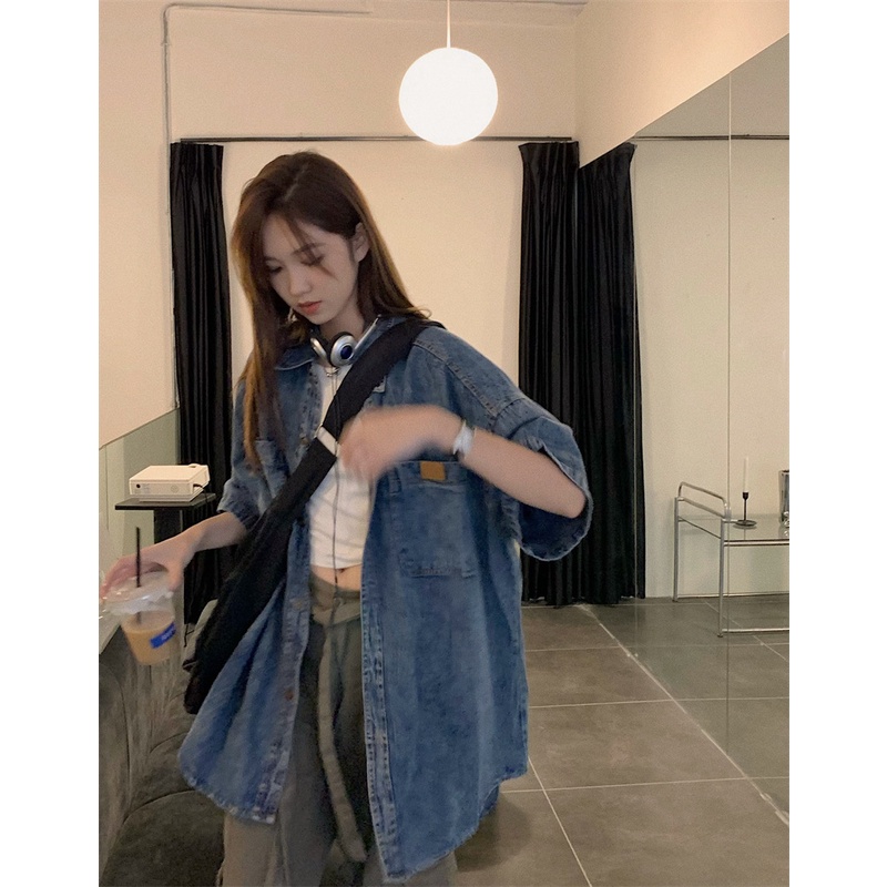 Áo Sơ Mi denim Tay Ngắn Dáng Rộng Thời Trang Mùa Hè Phong Cách Hàn Quốc Cho Nữ