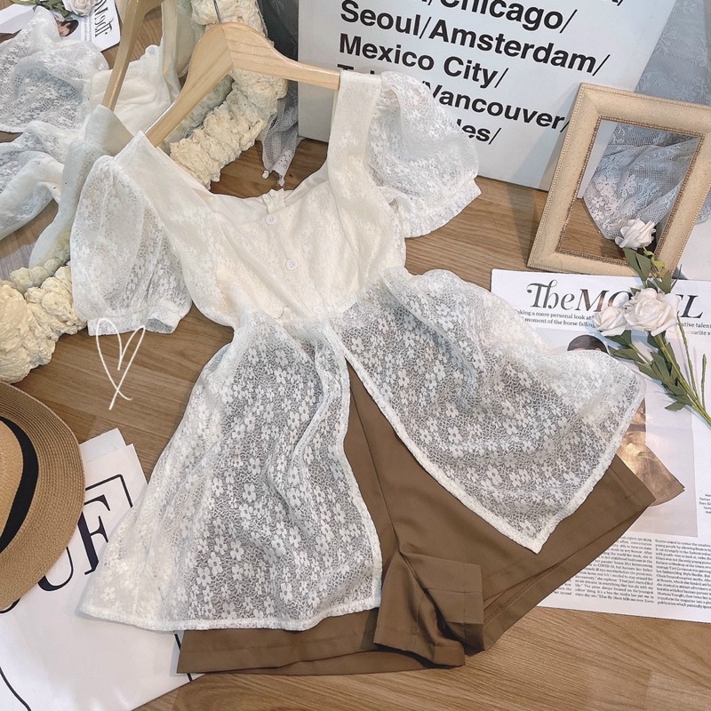 Set áo ren xẻ kèm short