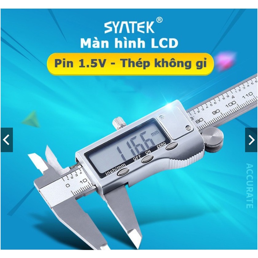 Thước cặp điện tử Syntek thép trắng hợp kim đủ 3 size đo, màn hình LCD sắc nét, bền đẹp