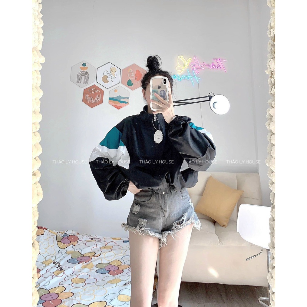 Áo Khoác Dù Ngoại Nữ 2 lớp Kiểu Croptop Lửng Sọc Tay Form Unisex HÀn Quốc Đẹp - Bomber Gió Có Khóa Kéo Zip