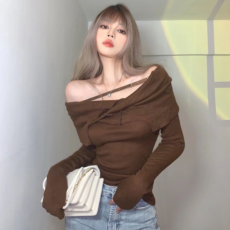 Áo tay dài trễ vai bèo cá tính cho nữ hàng taobao