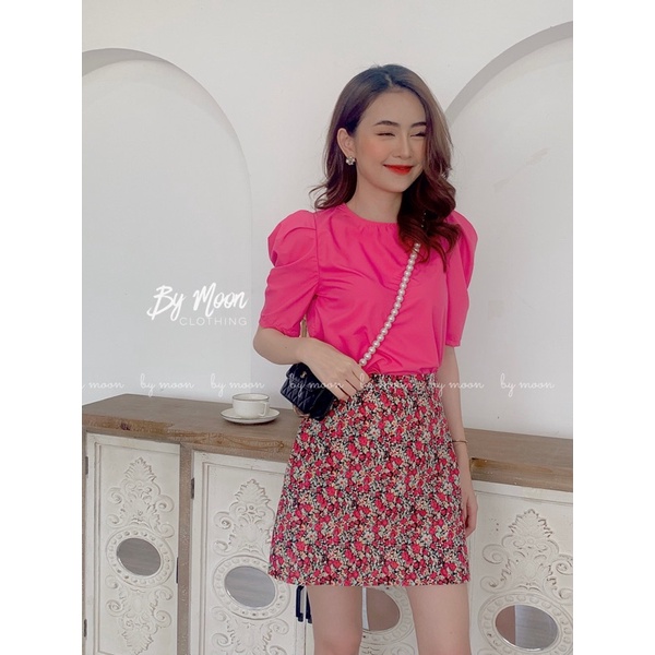 Set bộ áo sơmi tay bồng chân váy chữ A hồng BY MOON SN001