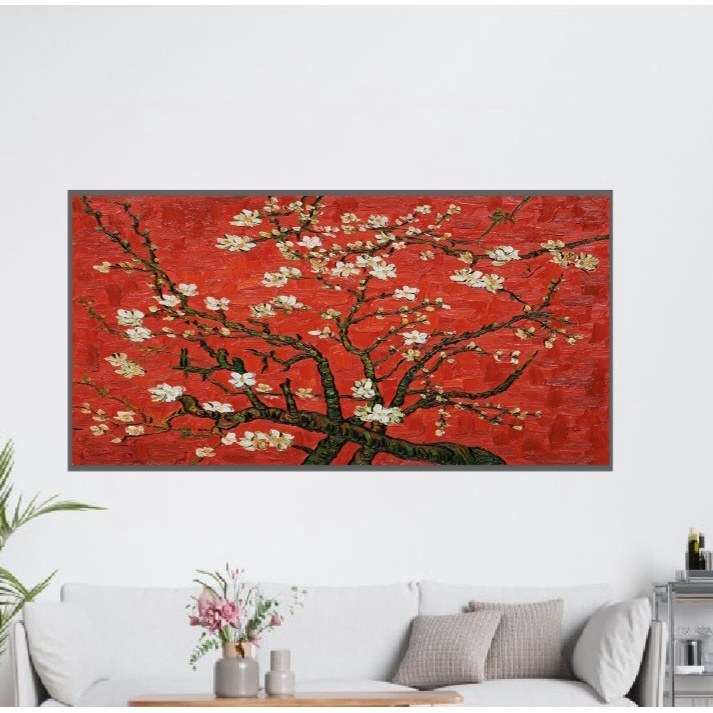 Tranh canvas treo tường hoa mai trắng nền đỏ khổ ngang theo yêu cầu