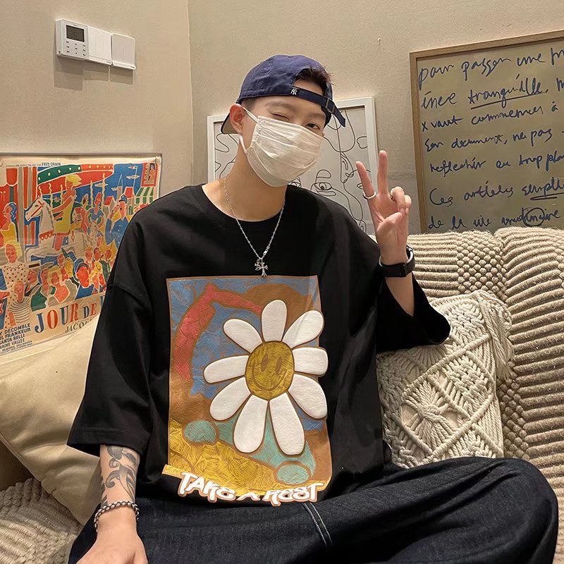 Áo Thun Nam Dáng Rộng In Họa Tiết Hoa Phong Cách Hàn Quốc Thời Trang