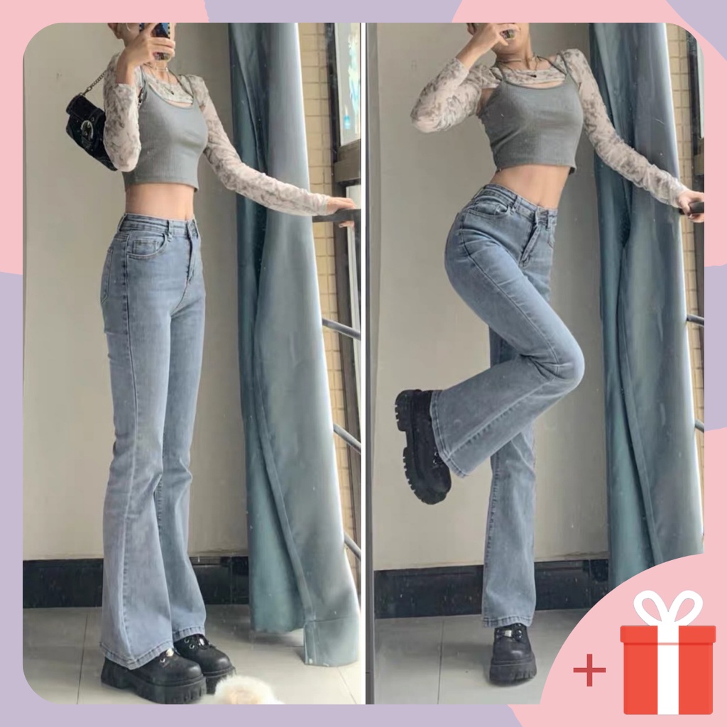 Quần jeans ống loe dài lưng cao hàng Quảng Châu loại 1 quần bò nữ trend siêu tôn dáng chất đẹp màu xanh, đen, nâu, khói