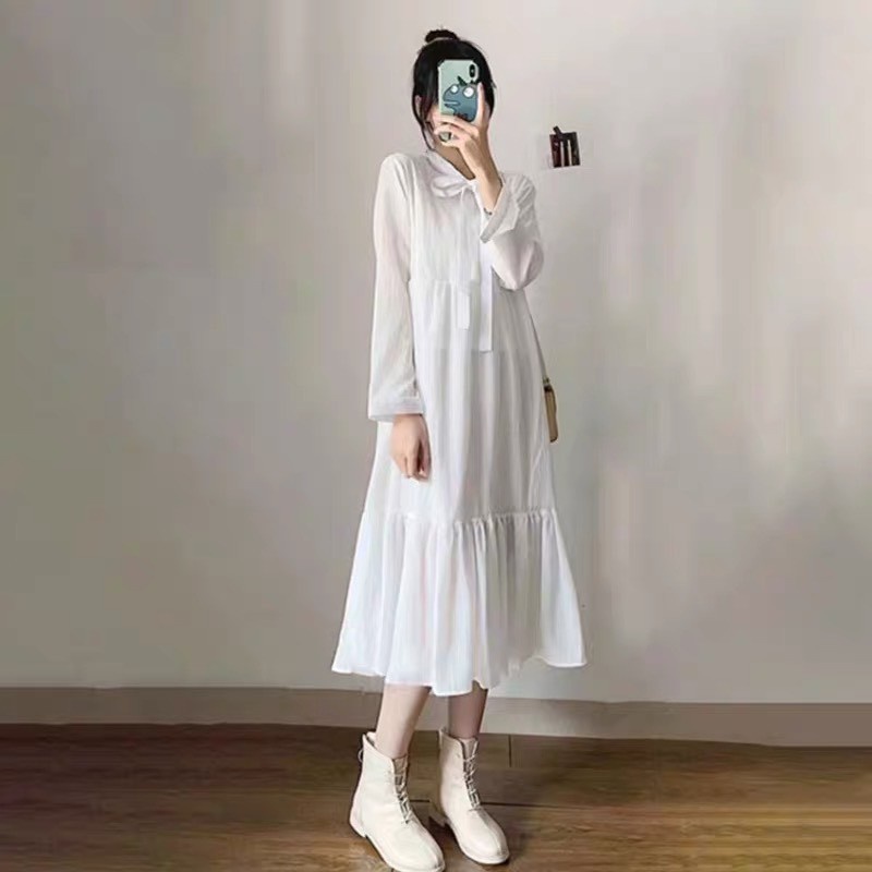 V028 Váy nữ cổ nơ dáng dài qua gối trắng đen tay bèo Đầm dài tay 2 tâng dáng xòe công chúa bánh bèo tiểu thư