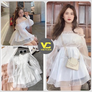 Váy Trễ Vai Bánh Bèo Tay bồng Màu Trắng Tiểu Thư 2 Lớp Vintage Dễ Thương_VIETCEN