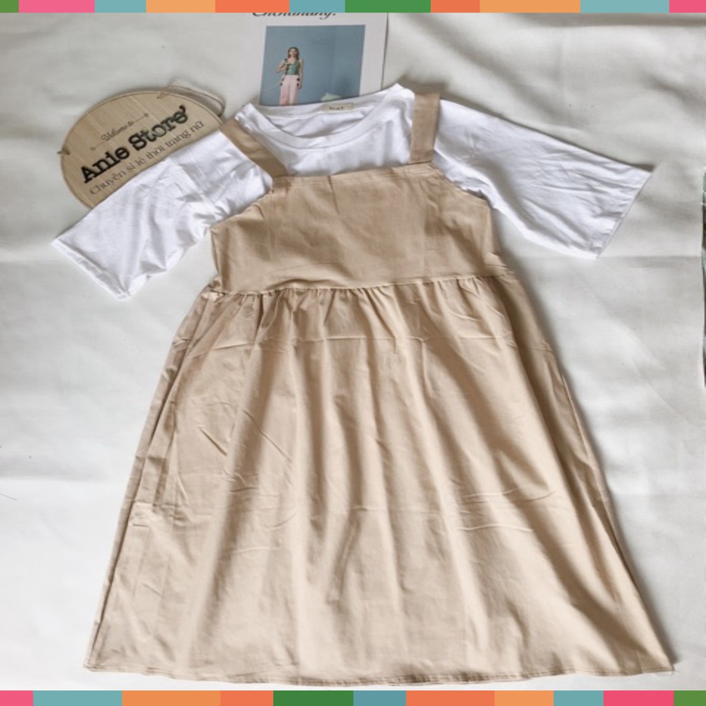 Bộ Yếm Kaki Màu Be Dài Kèm Áo Thun Cotton ️🎶 Sét Yếm Nữ Áo Thun Dáng Rộng | BigBuy360 - bigbuy360.vn