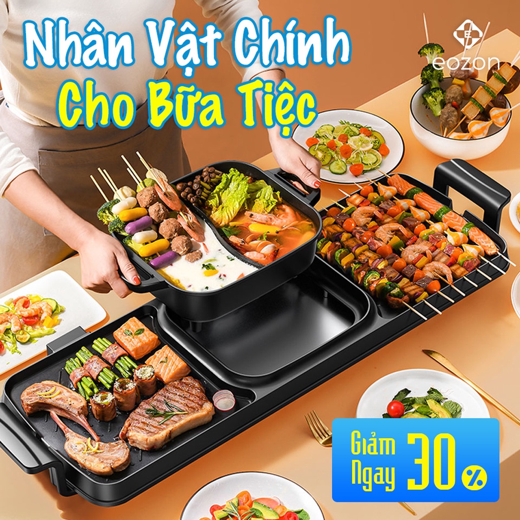 Bếp Lẫu Nướng Điện Đa năng 3 trong 1 Cao cấp EOZON Với Bề Mặt Tráng Men chống dính phong cách hàn quốc ( Chính Hãng)