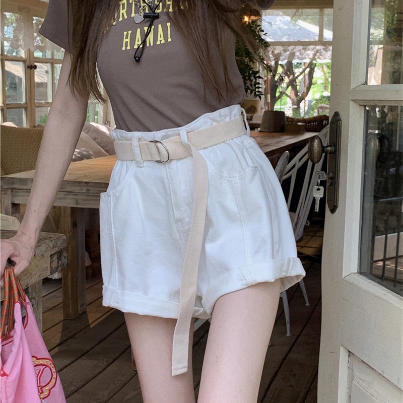 Quần Short Denim Lưng Cao Ống Rộng Phối Thắt Lưng Cá Tính Thời Trang Dành Cho Mùa Hè