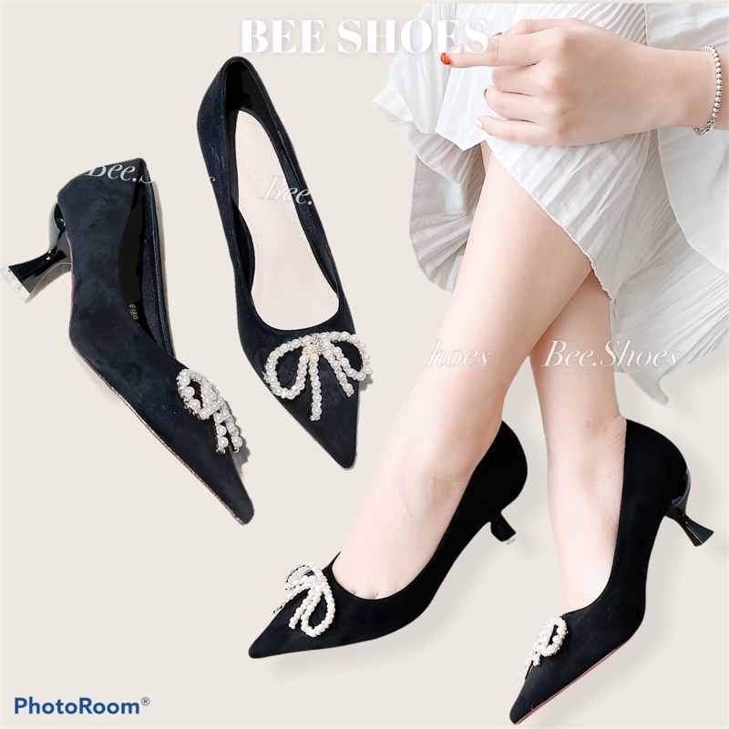 BEESHOES- GIÀY CAO GÓT BEESHOES KHUY NƠ NGỌC SIÊU XINH GÓT 5 PHÂN DỄ ĐI SẴN MÀU ĐEN 210644
