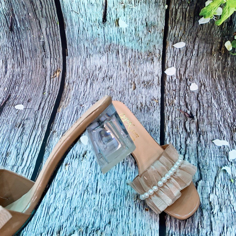 Guốc cao gót vuông trong 5p quai dún bánh bèo dây hạt châu phối ren