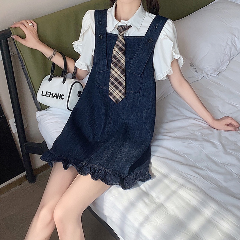 【HangFei】Đầm Yếm Denim Phối Bèo Plus Size Thời Trang