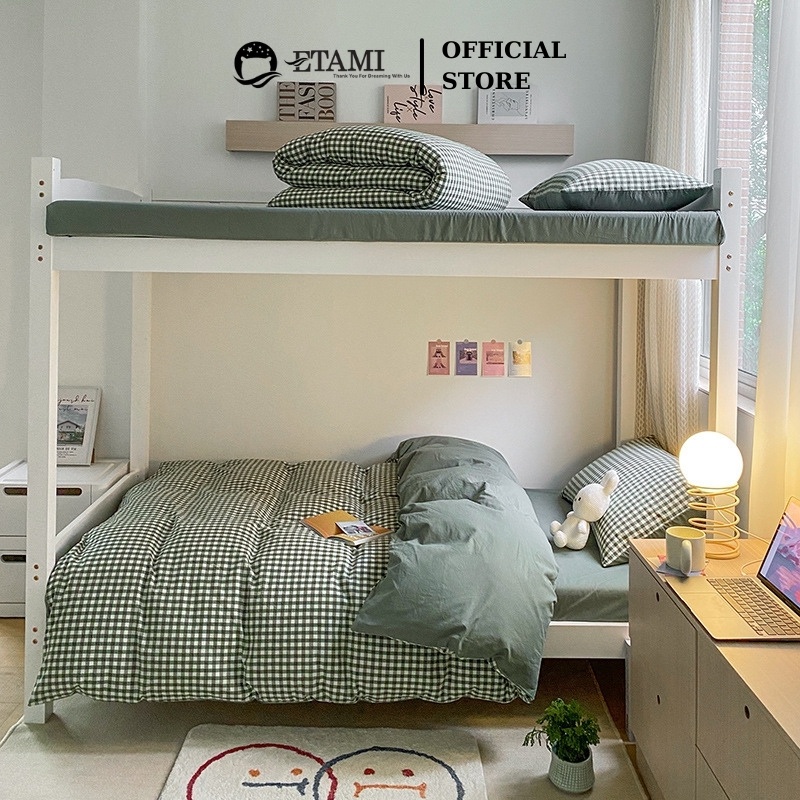 Bộ chăn ga gối  cao cấp ETAMI cotton poly kẻ xanh cute miễn phí bo chun drap giường , ga trải giường P13 | BigBuy360 - bigbuy360.vn